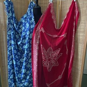Two soft fabric multi-purpose wraps: red and blue, shawl, sarong, skirt